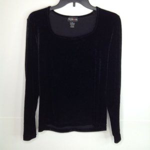 Style & Co Top Women Size Medium Black Velour Long Sleeve Pullover Blouse